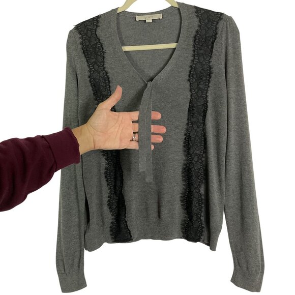 LOFT Gray V-neck Sweater with Black Lace Trim, Medium, Cotton/Rayon/Wool - Picture 3 of 8